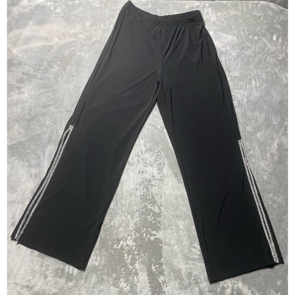 Roz & Ali Straight Leg Pull On Rhinestone Trim Spilt-hem Pants Women’s S Black